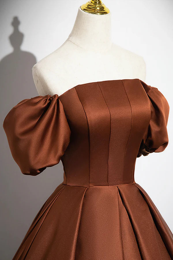 Wholesale Brown Satin Long A-Line Prom Dress Off the Shoulder Evening Party Dress